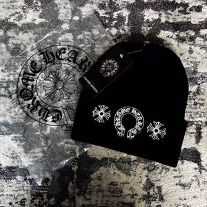 Chrome Hearts Black Beanie with White Logo and Floral Motifs